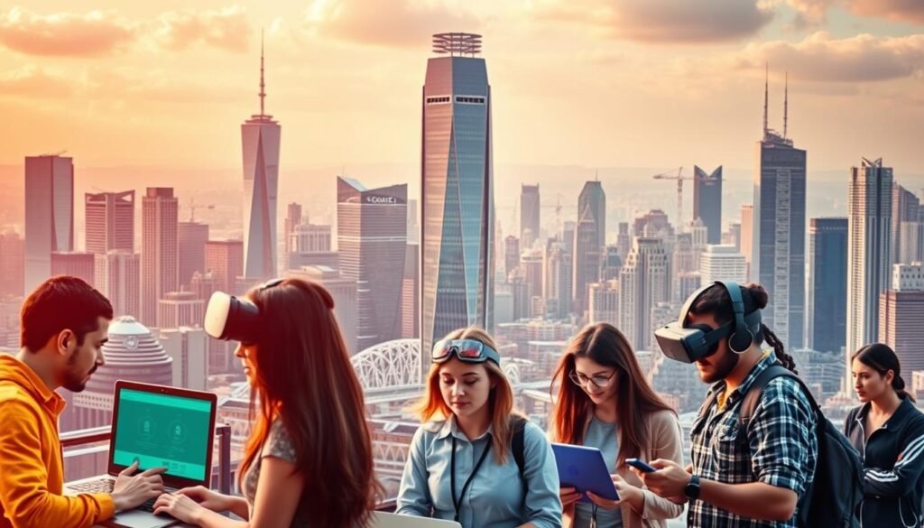 A bustling city skyline set against a vibrant, futuristic backdrop. In the foreground, a group of individuals engaged in various training activities - coding, virtual reality simulations, and hands-on workshops. The middle ground features a towering, state-of-the-art educational institution, its modern architecture and glass facades reflecting the city's dynamic energy. The background showcases a diverse array of global landmarks, symbolizing the interconnectedness of the job market and the need for adaptable, future-focused skills. The lighting is warm and optimistic, conveying a sense of growth, opportunity, and the transformative potential of lifelong learning.