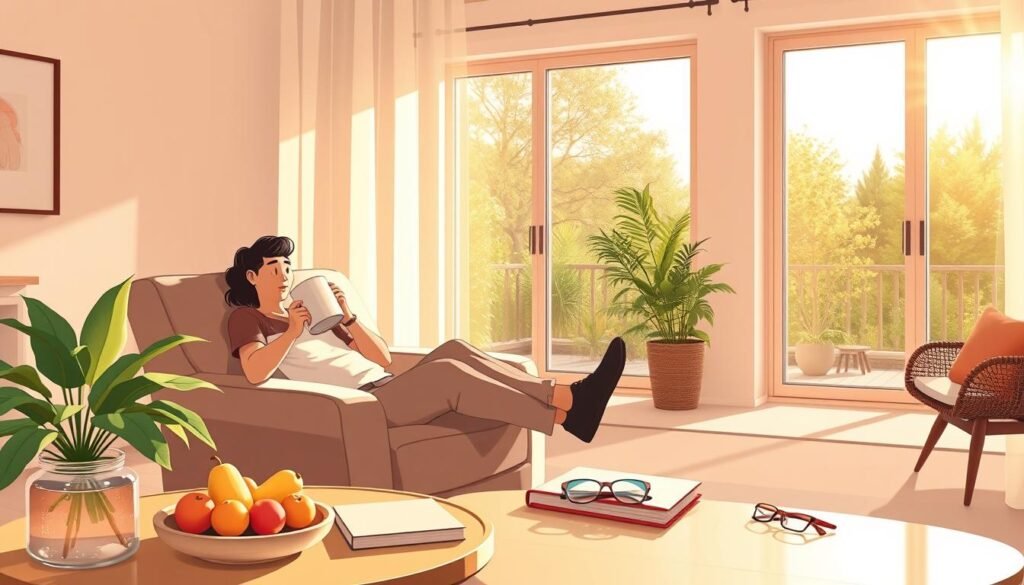 A cozy morning routine in a sun-drenched home. In the foreground, a person relaxing on a plush armchair, sipping a steaming cup of coffee. Warm, natural light floods the room, casting a soft, golden glow. On a nearby table, fresh fruits, a journal, and a pair of reading glasses suggest a mindful, intentional start to the day. The middle ground features a minimalist, Scandinavian-inspired living space, with clean lines and muted tones. In the background, an expansive window overlooks a lush, verdant garden, hinting at the tranquility and rejuvenation to come. The overall atmosphere is one of calm, focus, and a sense of grounded purpose - the perfect recipe for a productive, energizing day ahead.