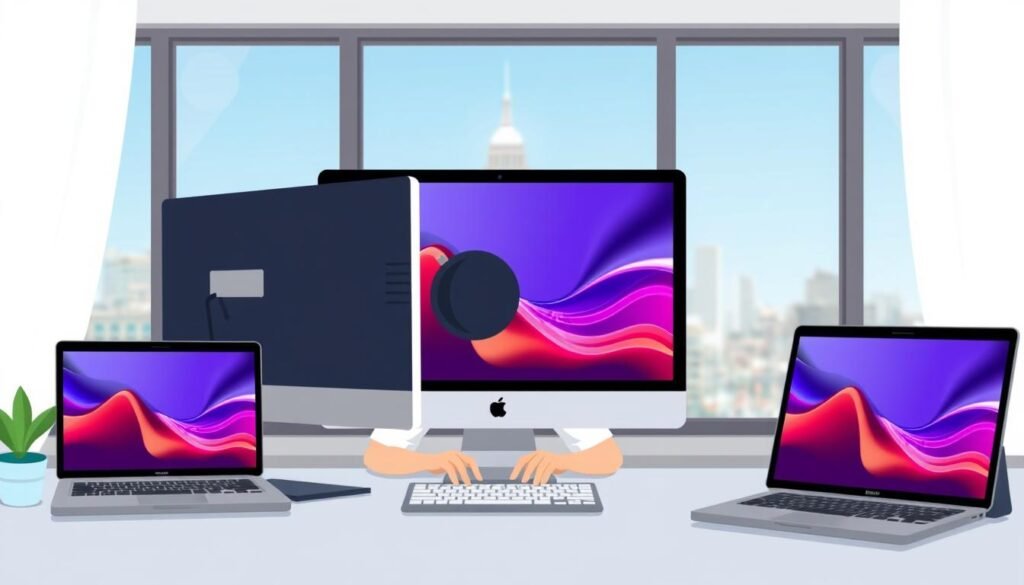 A digital workspace with a serene, minimalist aesthetic. The foreground features a desktop computer, laptop, and tablet, all displaying vibrant digital content. In the middle ground, a person is focused on their work, hands hovering over a keyboard. The background showcases a calming, blurred cityscape through a large window, bathed in soft, natural lighting. The overall scene conveys a sense of productivity, creativity, and balance, reflecting the act of creating digital content as a means of generating additional income.