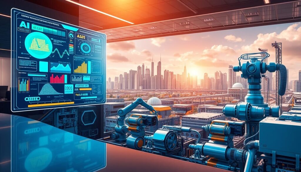 A dynamic and vibrant scene depicting the in-demand technical skills of 2026. In the foreground, a holographic interface showcases cutting-edge AI, machine learning, and data analysis tools, their colorful visualizations reflecting off the smooth, polished surfaces of a sleek, futuristic workspace. The middle ground features an array of state-of-the-art robotics and automation systems, their precise movements and intricate mechanisms hinting at the rise of Industry 4.0. In the background, a cityscape of gleaming skyscrapers and sprawling infrastructure symbolizes the integration of smart technology into every aspect of modern life. The scene is bathed in a warm, golden light, conveying a sense of innovation, progress, and the endless possibilities that the technical skills of the future hold.