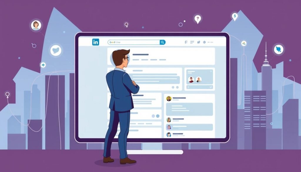 A modern, clean, and professional-looking illustration showcasing the process of building a strong personal brand on LinkedIn. In the foreground, a confident business person stands before a sleek, minimalist LinkedIn interface, thoughtfully curating their profile and content. The middle ground features various networking and engagement elements, such as connections, likes, and comments, all emanating a sense of growth and impact. In the background, a cityscape or abstract geometric shapes create a dynamic, aspirational backdrop, conveying the idea of expanded opportunities and visibility. The overall scene should exude a sense of clarity, purpose, and the power of leveraging LinkedIn to establish a robust personal brand.