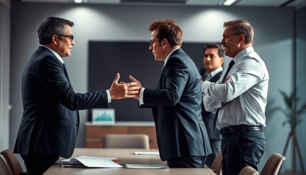 A negotiation strategy masterclass, showcasing the art of successful bargaining. A dynamic scene unfolds, with figures engaged in intense discussions, their body language and facial expressions conveying the high-stakes nature of the transaction. The background is a sleek, modern office setting, with clean lines and muted tones creating a professional atmosphere. Soft, directional lighting illuminates the negotiators, casting dramatic shadows and highlighting the intensity of the moment. The composition is balanced, drawing the viewer's eye to the central negotiation, while subtle details in the environment suggest the strategic nature of the process. An air of confidence, persuasion, and calculated decision-making pervades the scene, capturing the essence of "the art of salary negotiation: psychological and practical strategies."
