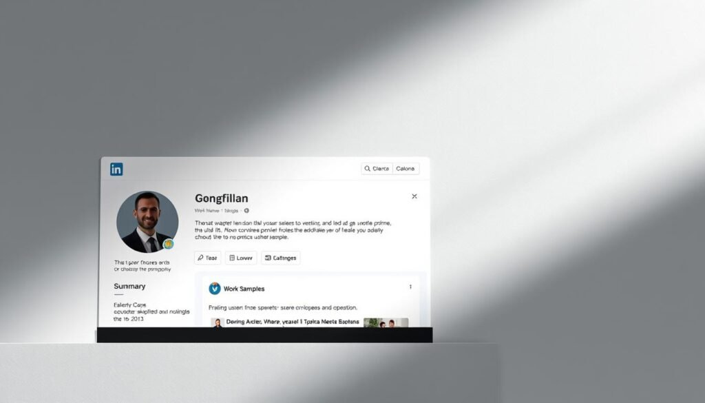 A professional, well-crafted LinkedIn profile that reflects your personal brand. A minimalist, modern design with a striking profile picture, concise yet compelling summary, and a curated selection of work samples and achievements. The layout is clean and visually appealing, with a subtle color palette and strategic use of white space. Soft, directional lighting illuminates the profile, creating a sense of depth and highlighting key details. The overall impression is one of authority, expertise, and a strong personal identity.