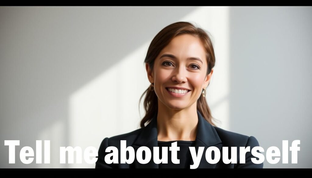 A professional yet warm business portrait of a person providing thoughtful career advice. The subject is positioned in the center, facing the camera with a confident, engaging expression. The background is blurred, allowing the focus to remain on the subject. Subtle lighting from the side casts a gentle shadow, adding depth and dimension. The overall scene conveys a sense of professionalism, expertise, and approachability, suitable for an article on how to confidently answer the interview question "Tell me about yourself".