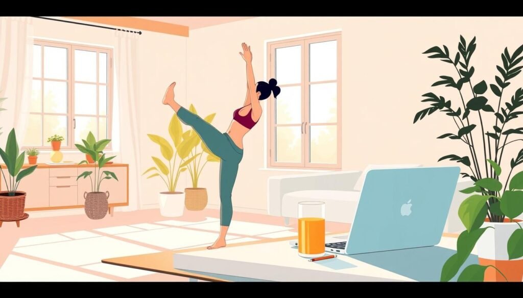 A vibrant morning routine scene with a warm, energetic atmosphere. In the foreground, a person performing light stretches and yoga poses, dressed in comfortable activewear. The middle ground depicts a tidy, minimalist workspace with a laptop, a glass of freshly squeezed juice, and a plant. The background showcases an airy, sun-drenched room with large windows, casting a soft, natural light across the scene. The overall composition conveys a sense of productivity, well-being, and a rejuvenating start to the day.