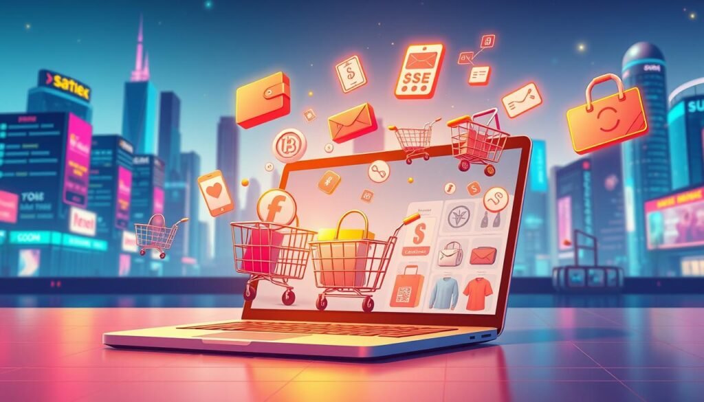 A vibrant, visually-striking e-commerce scene featuring a dynamic array of product icons, online shopping baskets, and digital payment methods. The foreground should showcase a sleek, modern laptop or tablet displaying an e-commerce website, with a range of merchandise and intuitive user interface. The middle ground could include floating virtual shopping carts, digital wallets, and transaction symbols, all illuminated by a warm, amber-toned lighting that conveys a sense of professionalism and prosperity. The background should depict a minimalist, futuristic cityscape with skyscrapers and digital signage, creating an immersive, high-tech environment. The overall mood should be one of efficiency, accessibility, and the endless possibilities of online entrepreneurship.