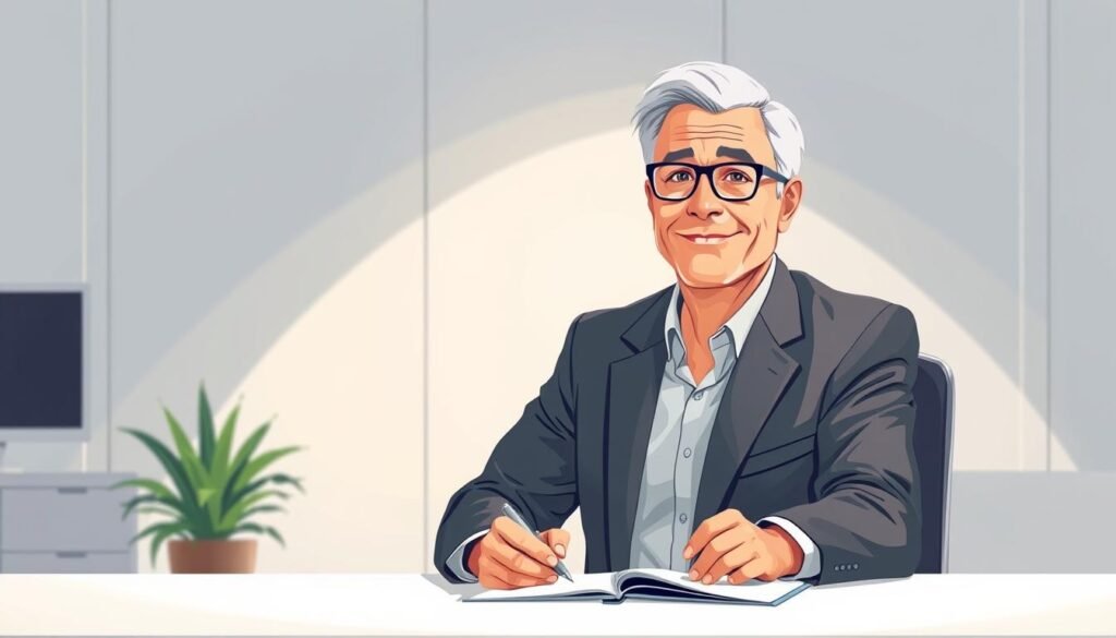 A well-lit and visually engaging illustration depicting a professional job interview setting, with a middle-aged person in business attire sitting at a desk and jotting down notes. The background should be a modern, minimalist office environment with clean lines, neutral colors, and subtle textures. The lighting should be soft and flattering, creating a sense of confidence and composure. The person's facial expression should convey an air of thoughtfulness and poise, as if carefully considering how to best respond to the "Tell me about yourself" question. The overall composition should feel balanced, professional, and optimistic, effectively conveying the idea of thoroughly preparing for a successful job interview.
