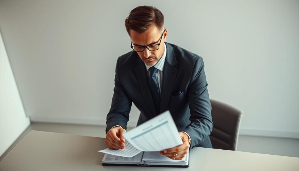 A well-lit, high-angle shot of a thoughtful businessman, dressed in a crisp, tailored suit, studying a spreadsheet on a sleek, minimalist desk. The background is a stylish, modern office setting with clean lines and muted colors, conveying a sense of professionalism and attention to detail. The man's expression is one of deep concentration, as he carefully considers the market value data before him, poised to make an informed decision. The lighting casts a warm, pensive glow, creating a contemplative atmosphere that reflects the importance of this preparatory stage in the negotiation process.