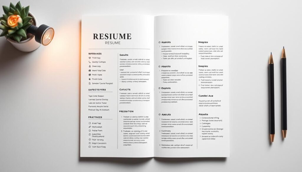A well-organized, minimalist resume with clean typography, balanced layout, and subtle visual elements. The design should convey professionalism, attention to detail, and a personalized touch. Soft, warm lighting illuminates the page, creating a sense of approachability. The overall composition should be visually appealing, drawing the viewer's eye to the core information while maintaining a polished, cohesive aesthetic.